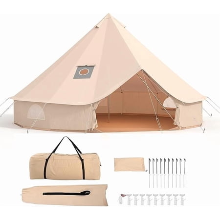Canvas Bell Glamping Hot Tent with Stove Jack Removable PVC Groundsheet & Breathable Mesh Windows 4 Season Waterproof Yurt Tent for Family Camping Hunting Backyard Party