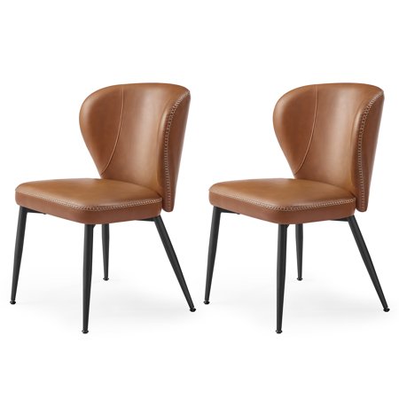 VASAGLE Dining Chairs Set of 2, Upholstered Kitchen Chairs, Synthetic Leather with Stitching, Mid-Century Modern, Caramel Brown