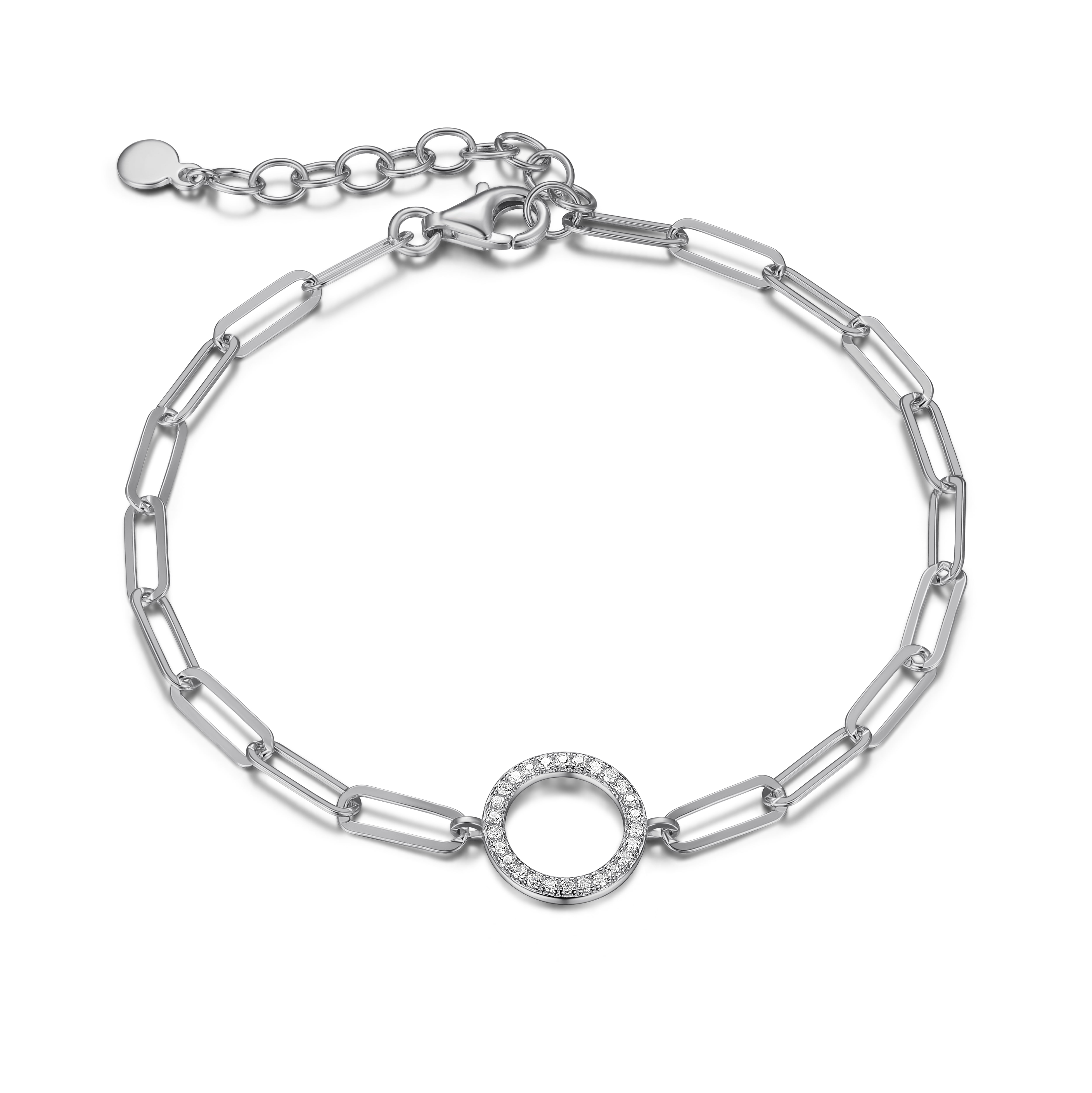 Forever Facets CZ Circle Paperclip Bracelet in Sterling Silver, 6.75" + 1.25" Extender