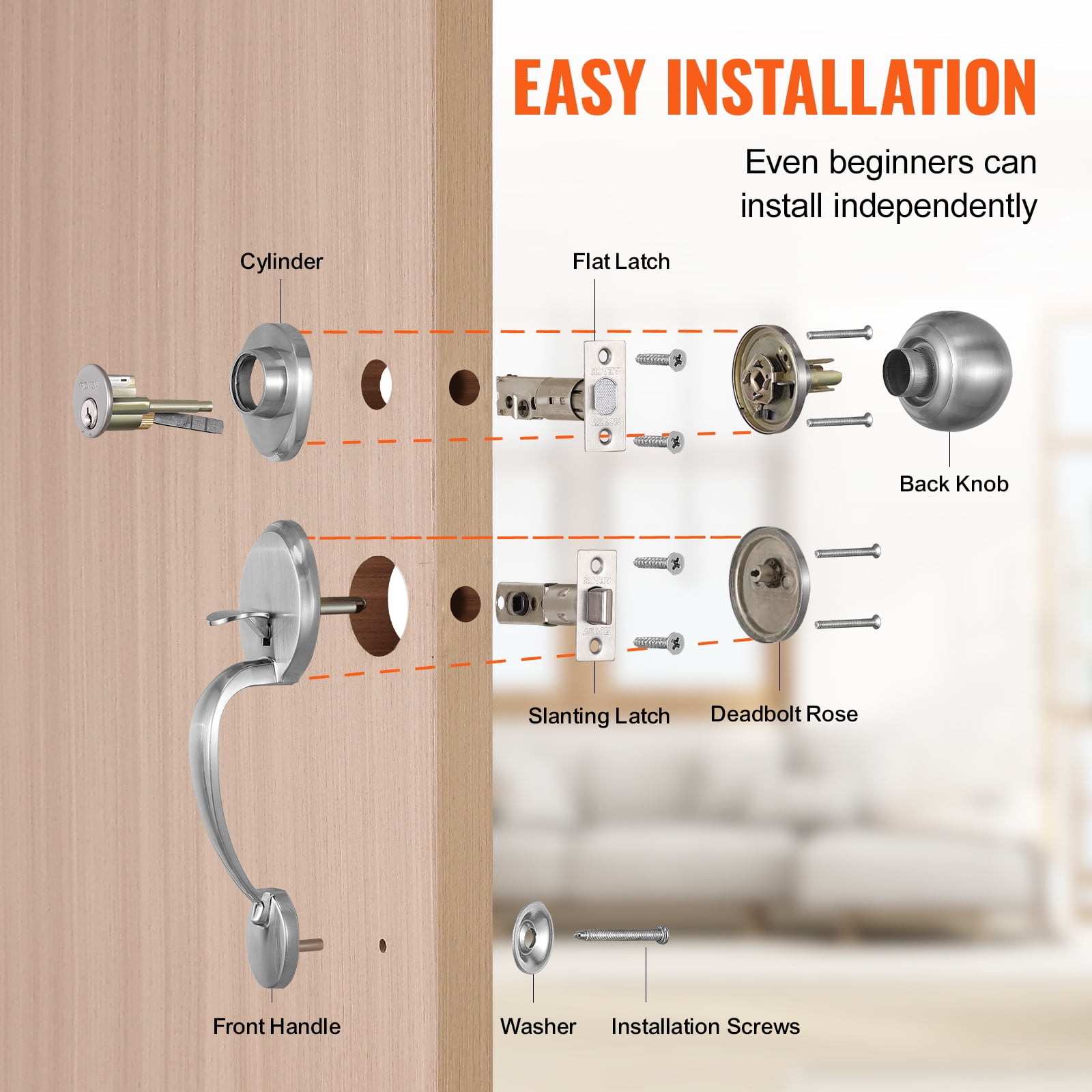 KFFKFF Front Door Handle and Deadbolt Set, Black Front Door Lock Set with Reversible Knob Handle, Modern Front Door Hardware, Single Cylinder Front Door Entry Lock, Silver