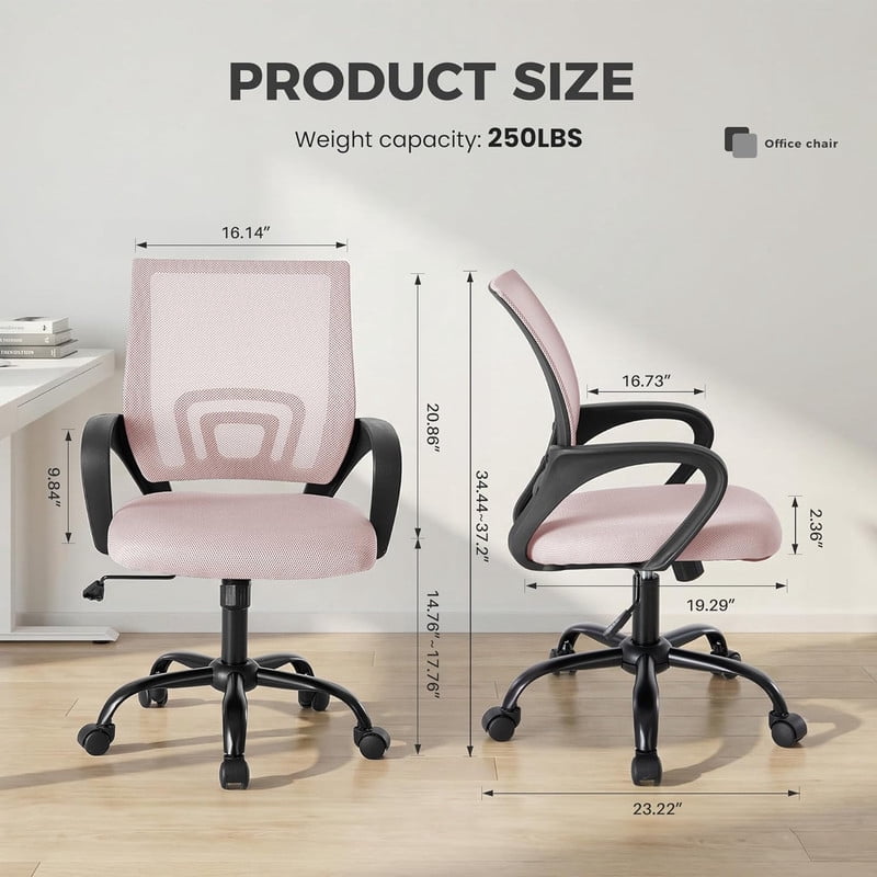 Simenmax Ergonomic Mid Back Office Chair, Pink Mesh Computer Desk Chair with Lumbar Support, Rocking Mode for Home Office