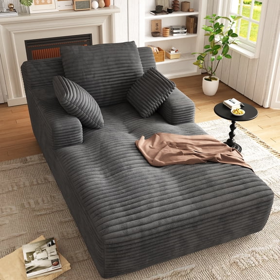 67'' Oversized Chaise Lounge Chair, Cloud Plush Corduroy Sofa Bed for Living Room, Modern Deep Seat Sleeper Couch with Back Cushion, No Assembly Required, (Charcoal)