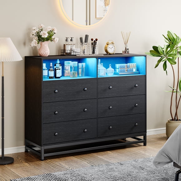 6 Drawer Double Dresser TV Stand, Bedroom Dresser with Power Outlet & LED Light, Wood Dresser for Room, Hallway, 47.2''W×15.8''D×36.2''H (Black)