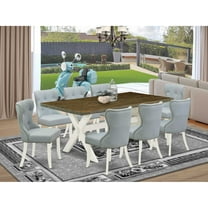 East West Furniture X077SI215-9 9-Pc Modern Dining Table Set- 8 Parson Dining Chairs with Baby Blue Linen Fabric Seat and Button Tufted Chair Back - Rectangular Table Top & Wooden Cross Legs -...