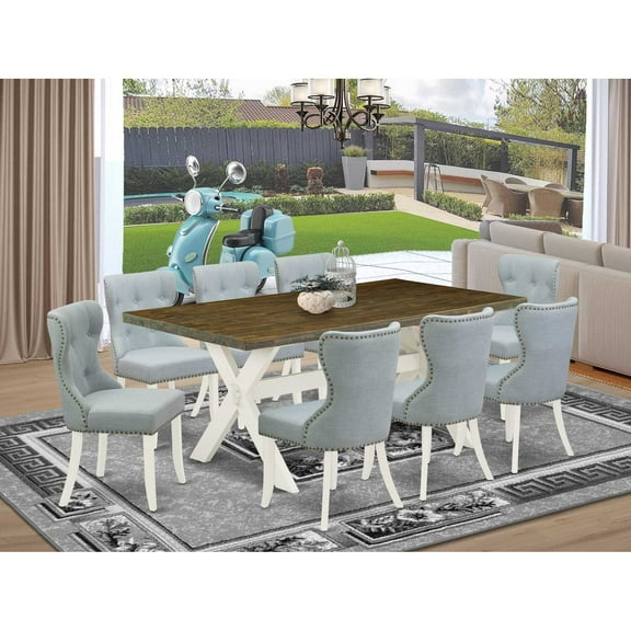 East West Furniture X077SI215-9 9-Pc Modern Dining Table Set- 8 Parson Dining Chairs with Baby Blue Linen Fabric Seat and Button Tufted Chair Back - Rectangular Table Top & Wooden Cross Legs -...