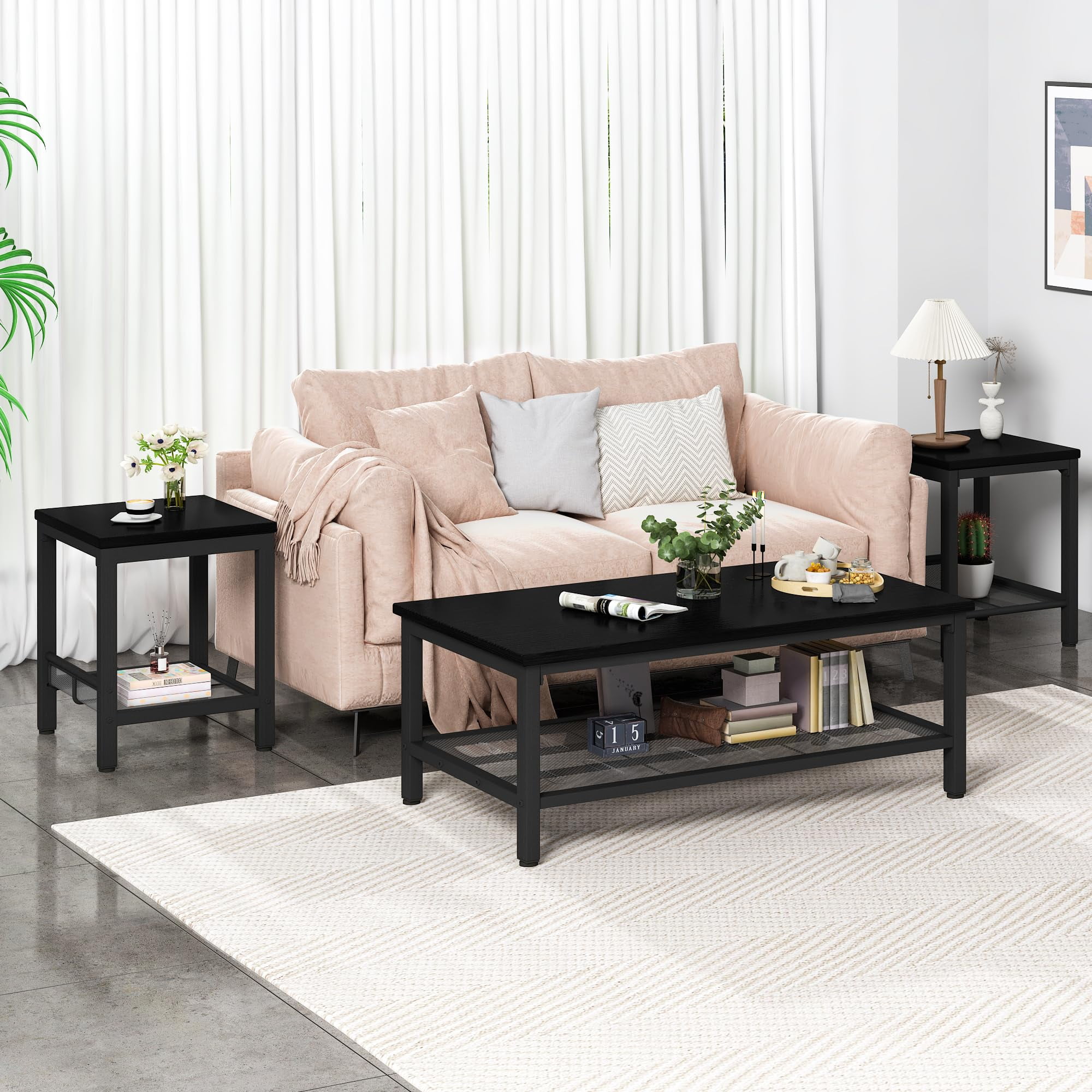 Cvortll Coffee Table Sets 3-Pieces, Modern Wood Coffee Table with 2 Square End Side Tables, Large Sturdy Living Room Table Set for Apartment Home Office, Black