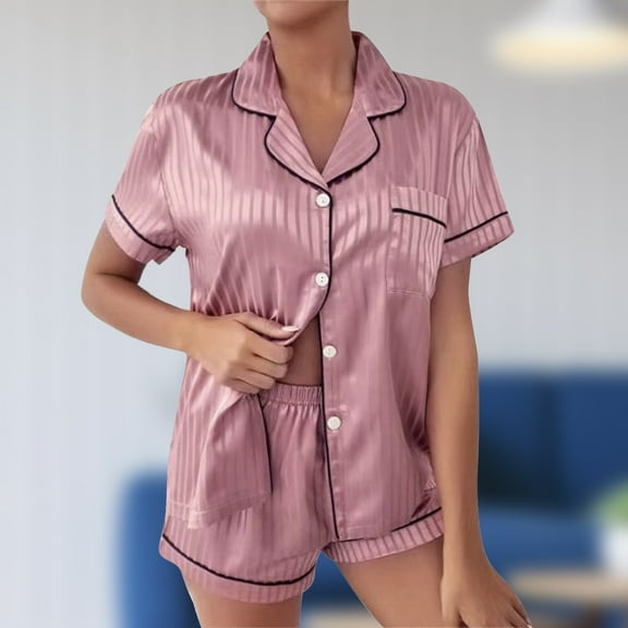 BONIXOOM Matching Pajamas For Couples Pajamas For Women Sleepwear None Short Sleeve Striped Sleepwear Sets Pink L