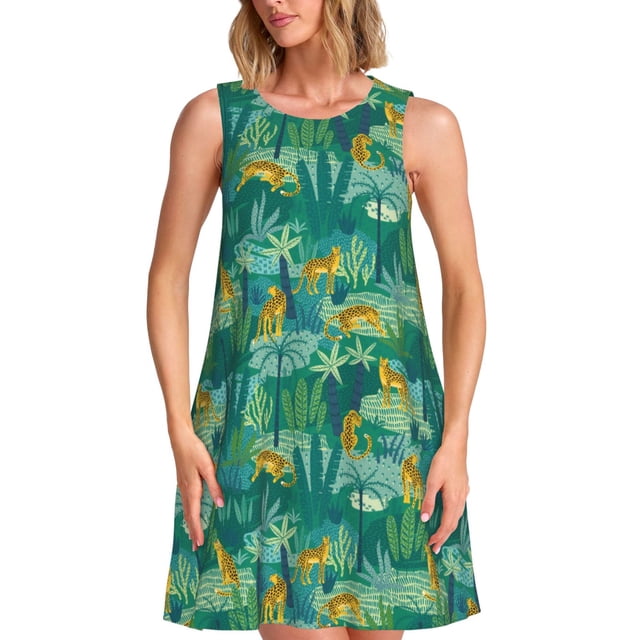 Fotbe Jungle Leopard Vestido de Verano sin Mangas para Mujer – Vestido Midi Línea A, Estilo Camiseta Floral, Vestido Playero Casual y Fluido