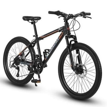 24 Inch Mountain Bike Boys Girls, Steel Frame, Shimano 21 Speed Mountain Bicycle with Daul Disc Brakes and Front Suspension