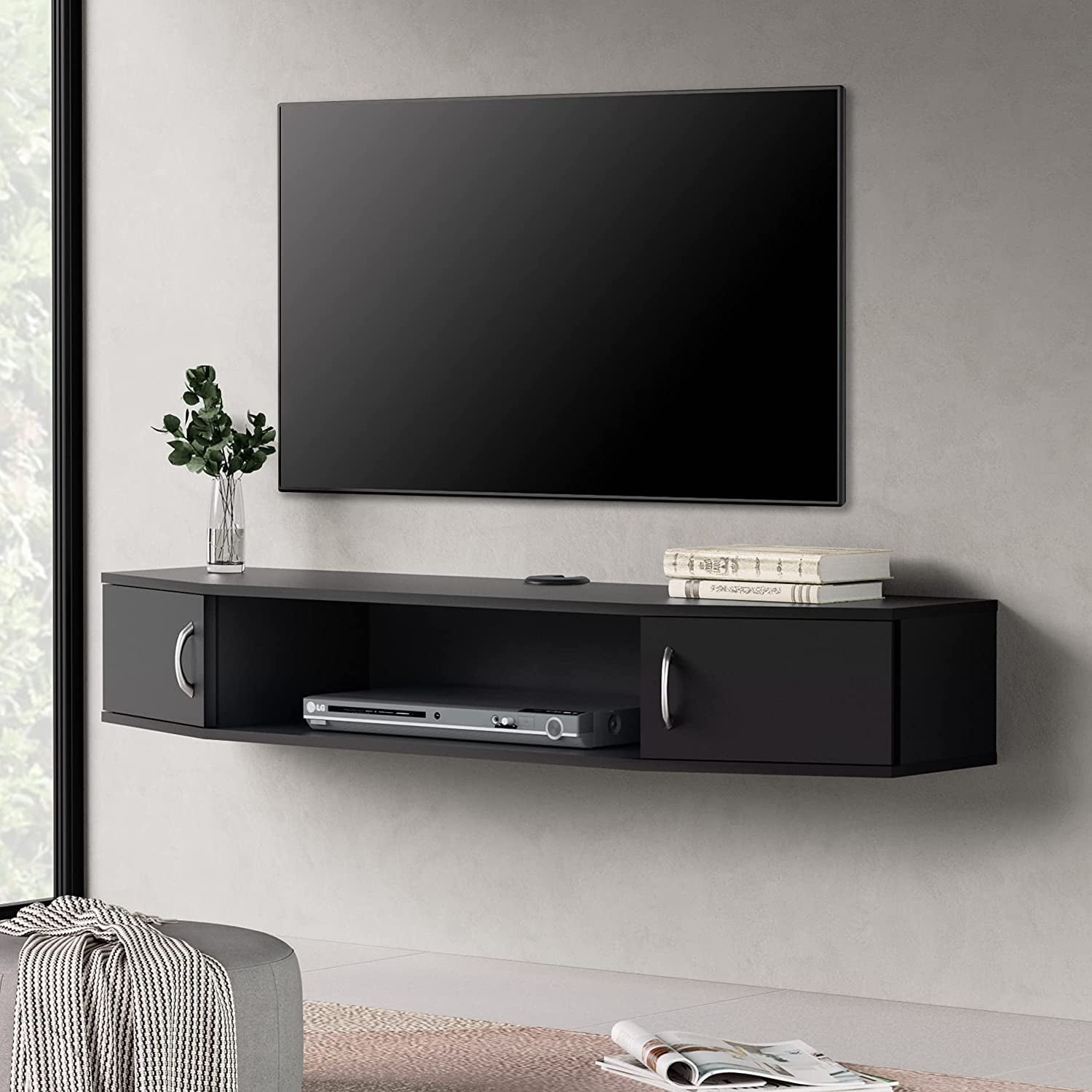 FITUEYES Floating TV Stand with Yellow LED Light, Wall Mounted TV Shlef, Entertainment Center Console Stand with Storage Cabinets for Living Room Bedroom