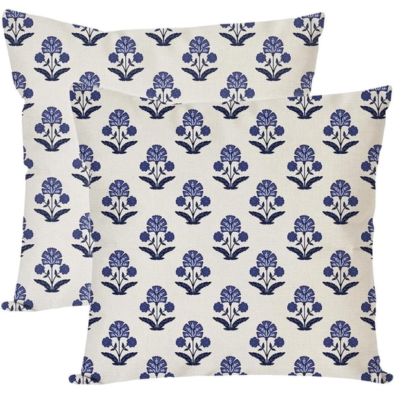 Block Print Throw Pillow Covers 20x20 Inch Set of 2 Blue Vintage Farmhouse Boho Floral Outdoor Decorations Decorative Throw Pillows Cases Cushion Covers for Home Living Room Couch Decor