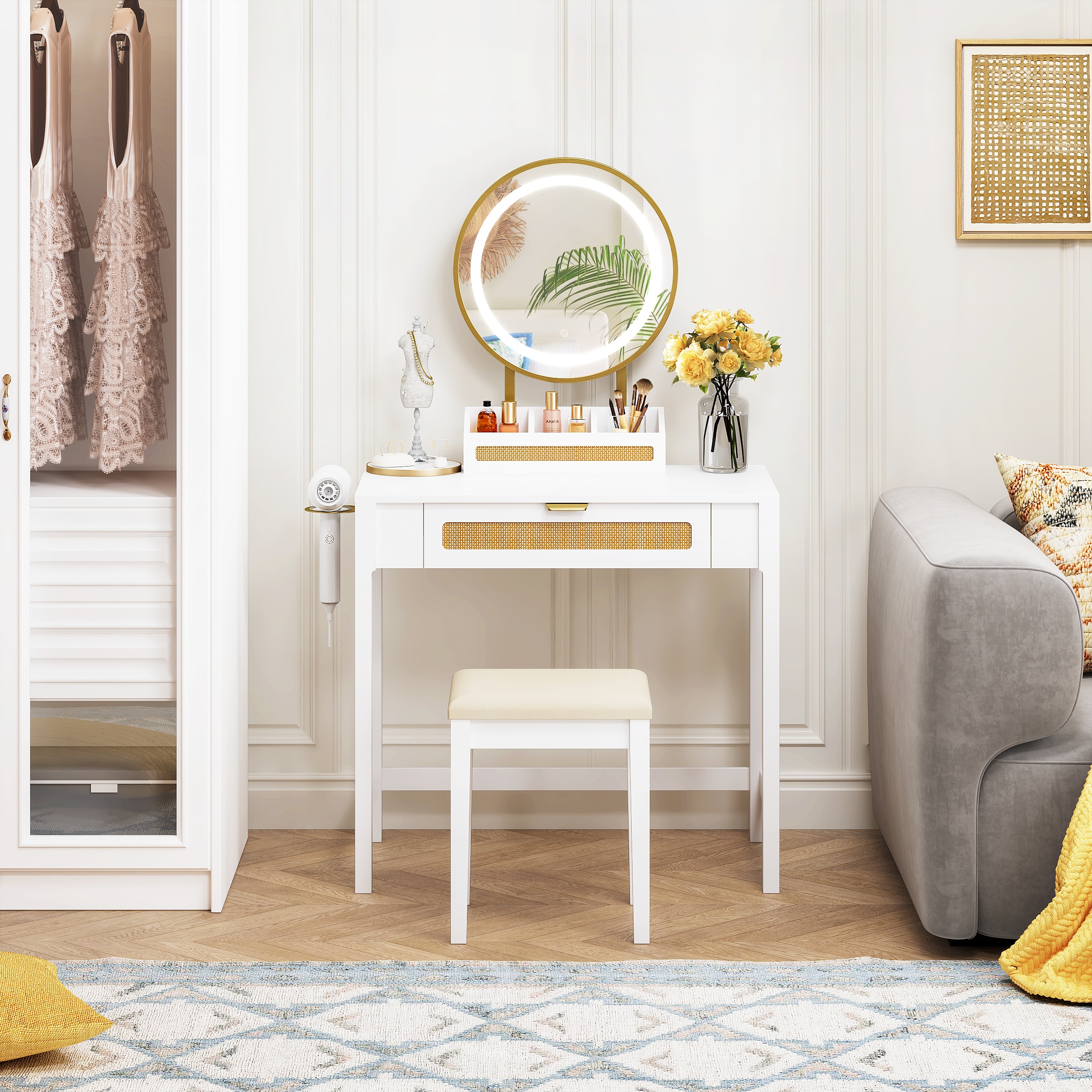 STAROUS Rattan Makeup Vanity Desk with Mirror and Lights, White Vanity Table with Drawers, Small Dressing Table with 3 Lighting Modes for Bedroom