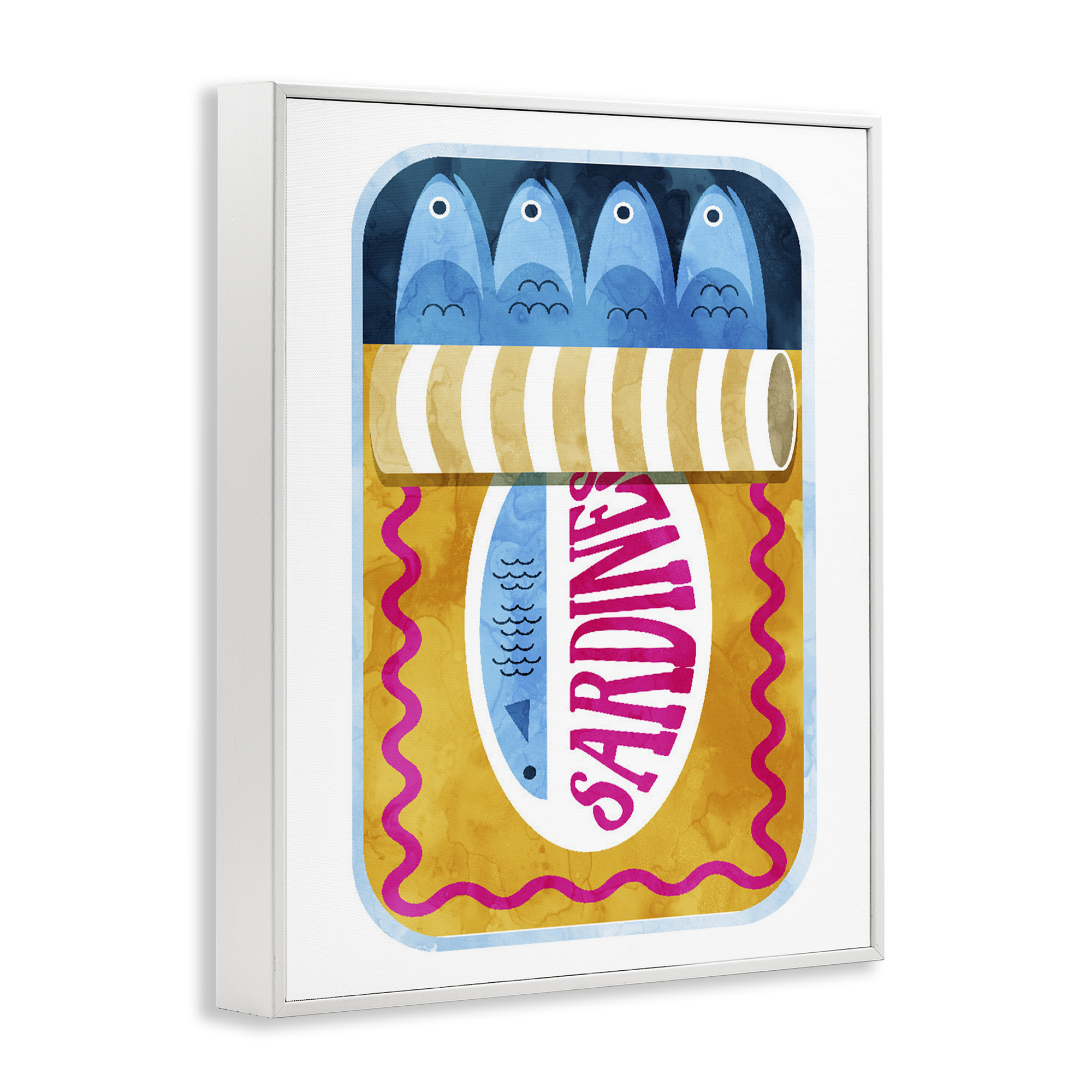 Yellow and Pink Sardine Tin White Framed Giclee Art, design by Daphne Polselli