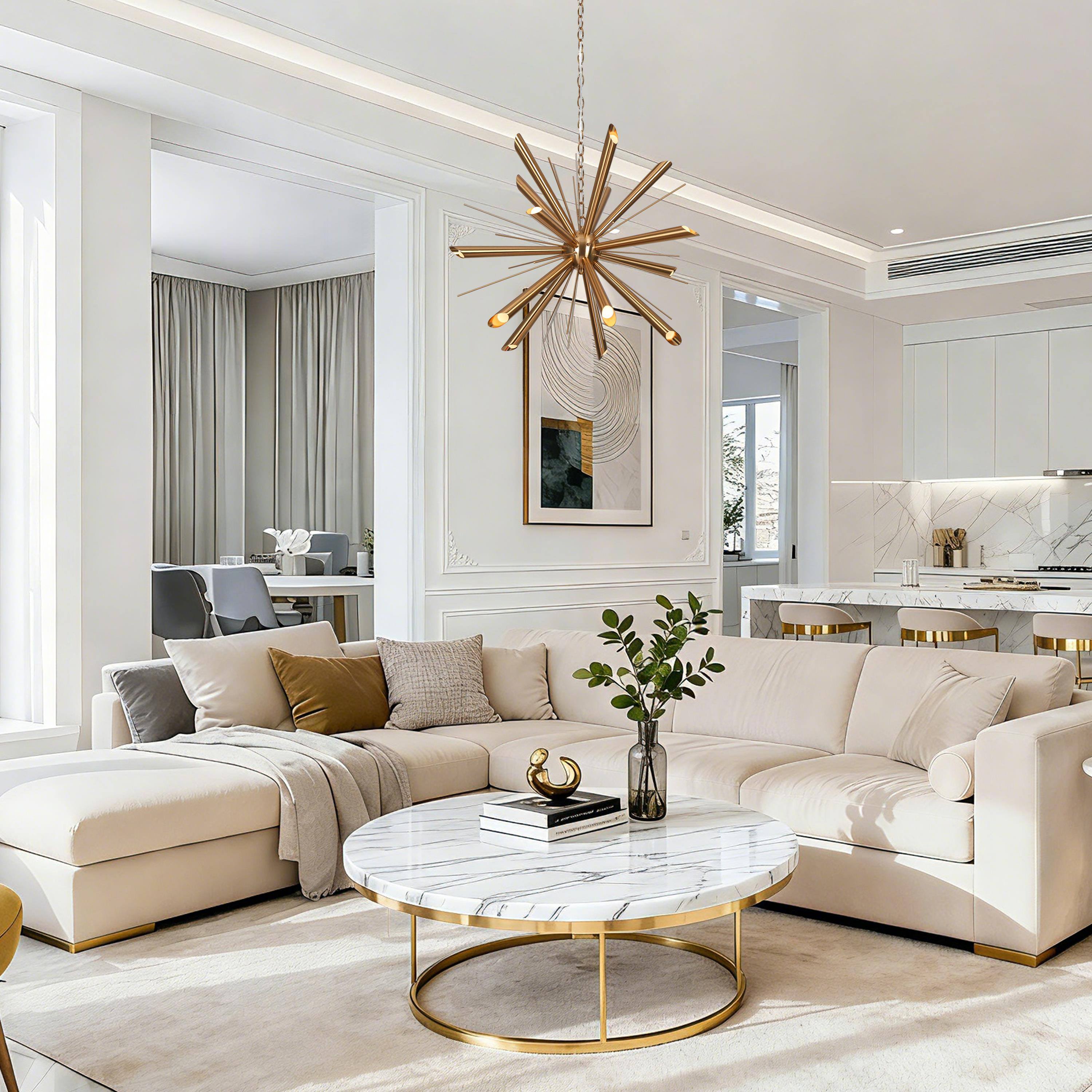 Mid-Century Modern 15-Light Gold Sputnik Chandeliers for Dining Room