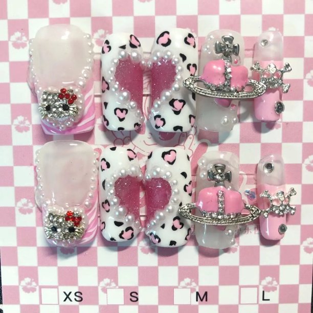 Pegatinas de uñas postizas con estampado de leopardo Sanrioed Hellokitty Y2K, estilo Harajuku, Parche de uñas de diamantes de imitación súper brillante, regalos de niña caliente, nuevo