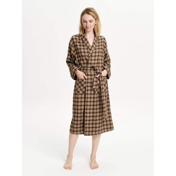 a.Jesdani Womens Flannel Robes, Soft Cotton Plaid Bathrobe Shawl