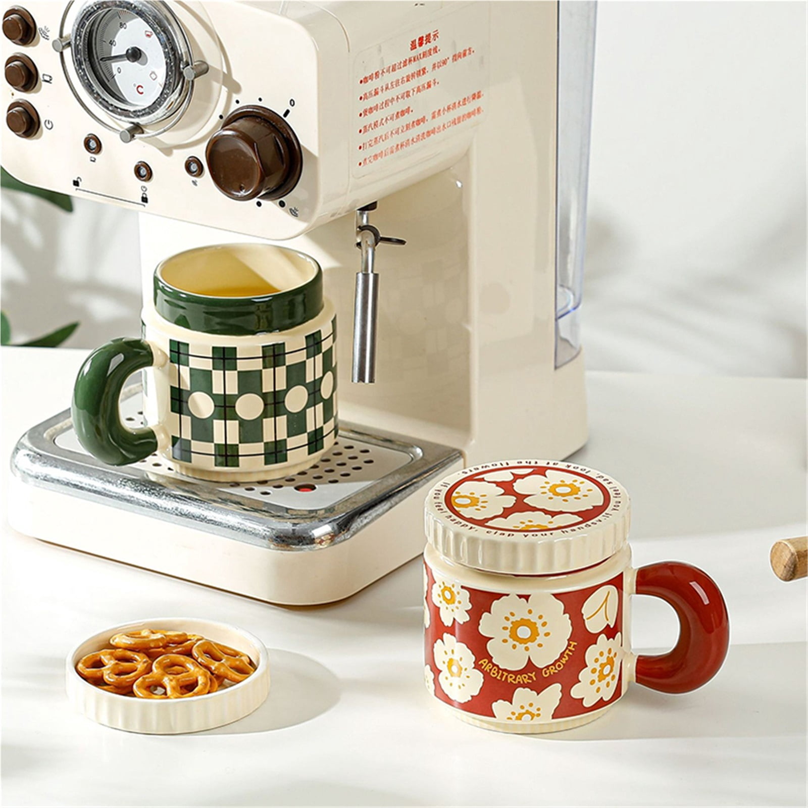Espresso cup 400ML Ceramic Mug Checkerboard Flower Pattern Coffee Cup With