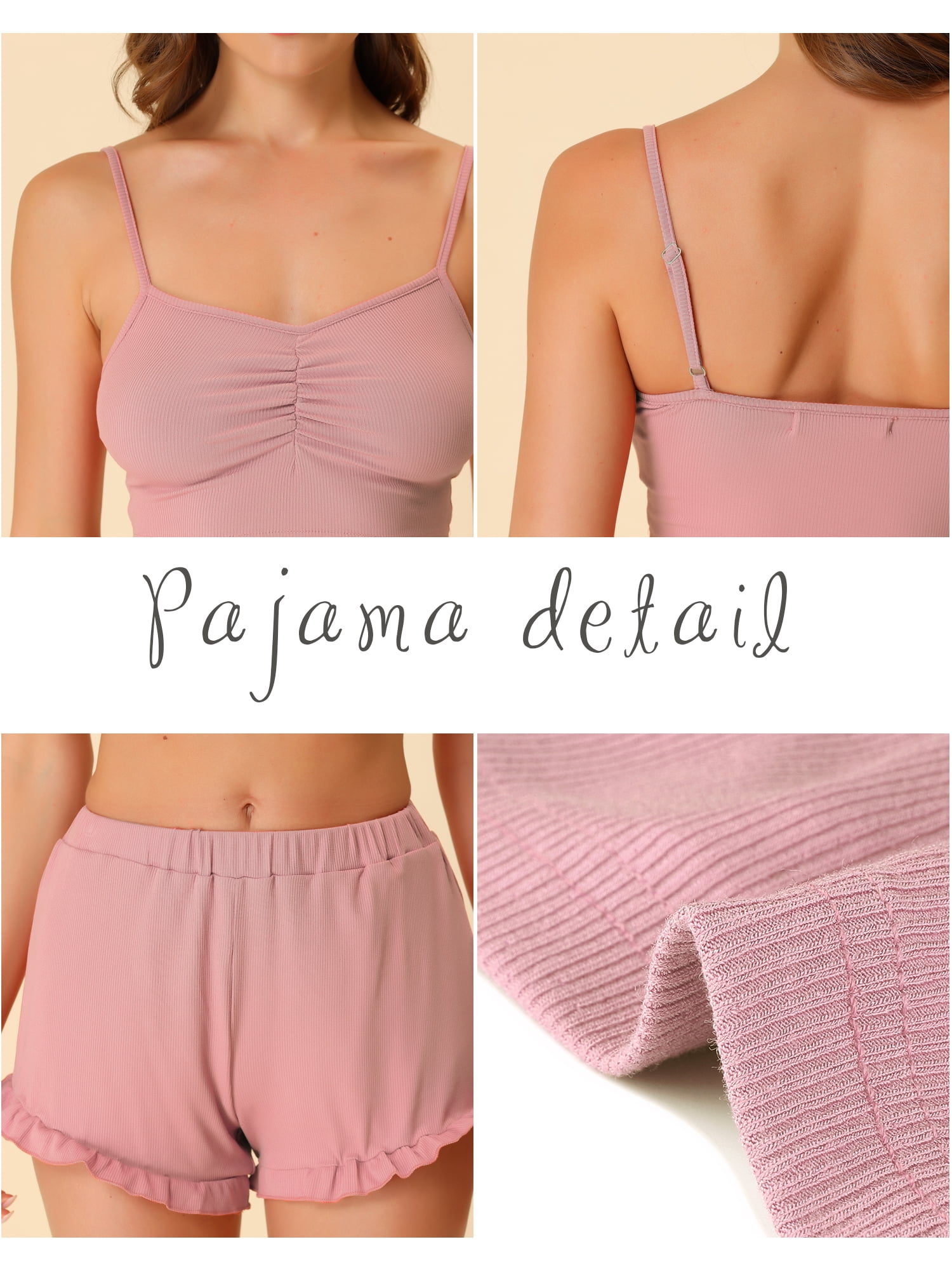 Unique Bargains Women's Stretchy Knit Spaghetti Strap Runch Cami with Shorts Pajama Set