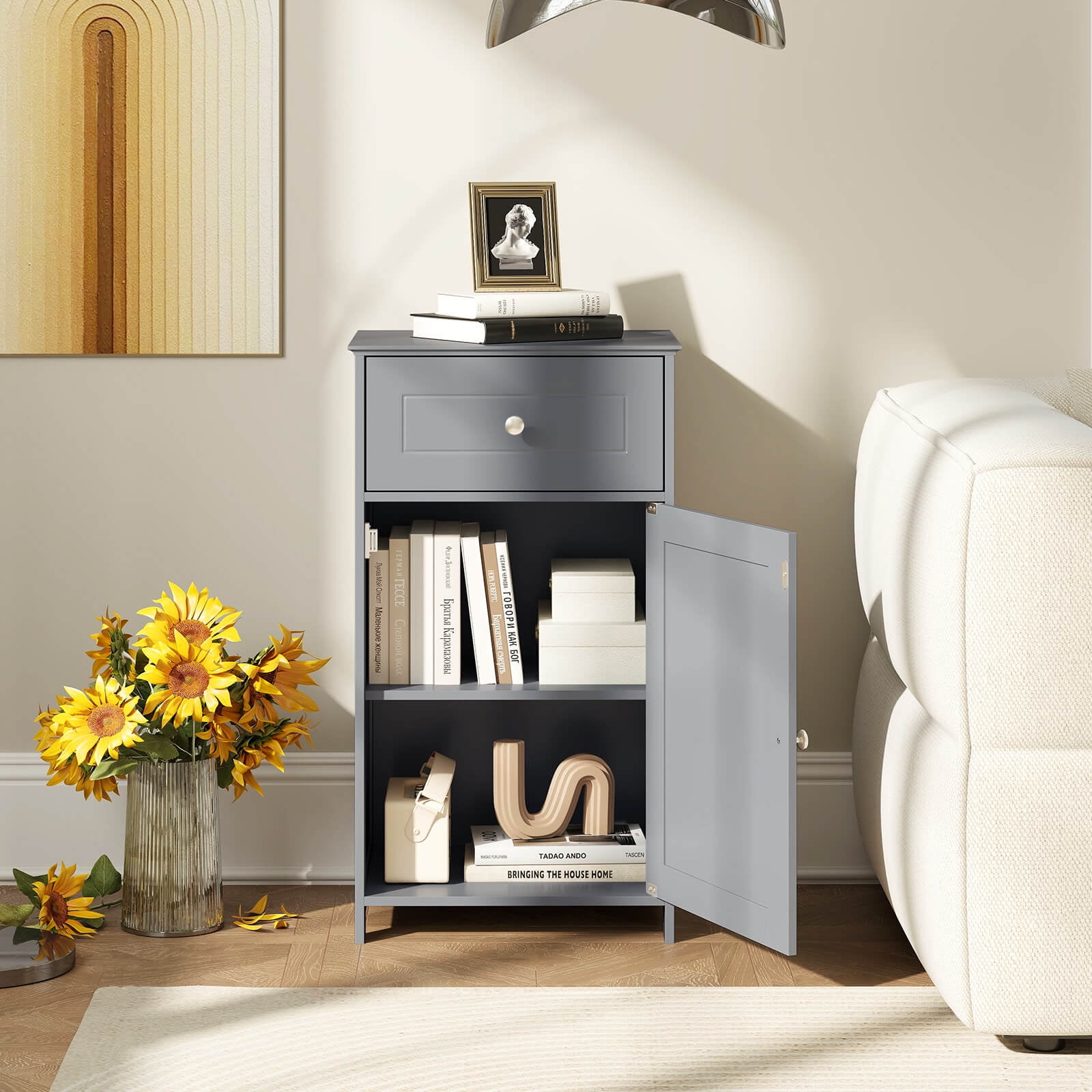 Costway White Floor Storage Cabinet Bathroom Organizer Cupboard Drawer Shelf Bath Towel Gray