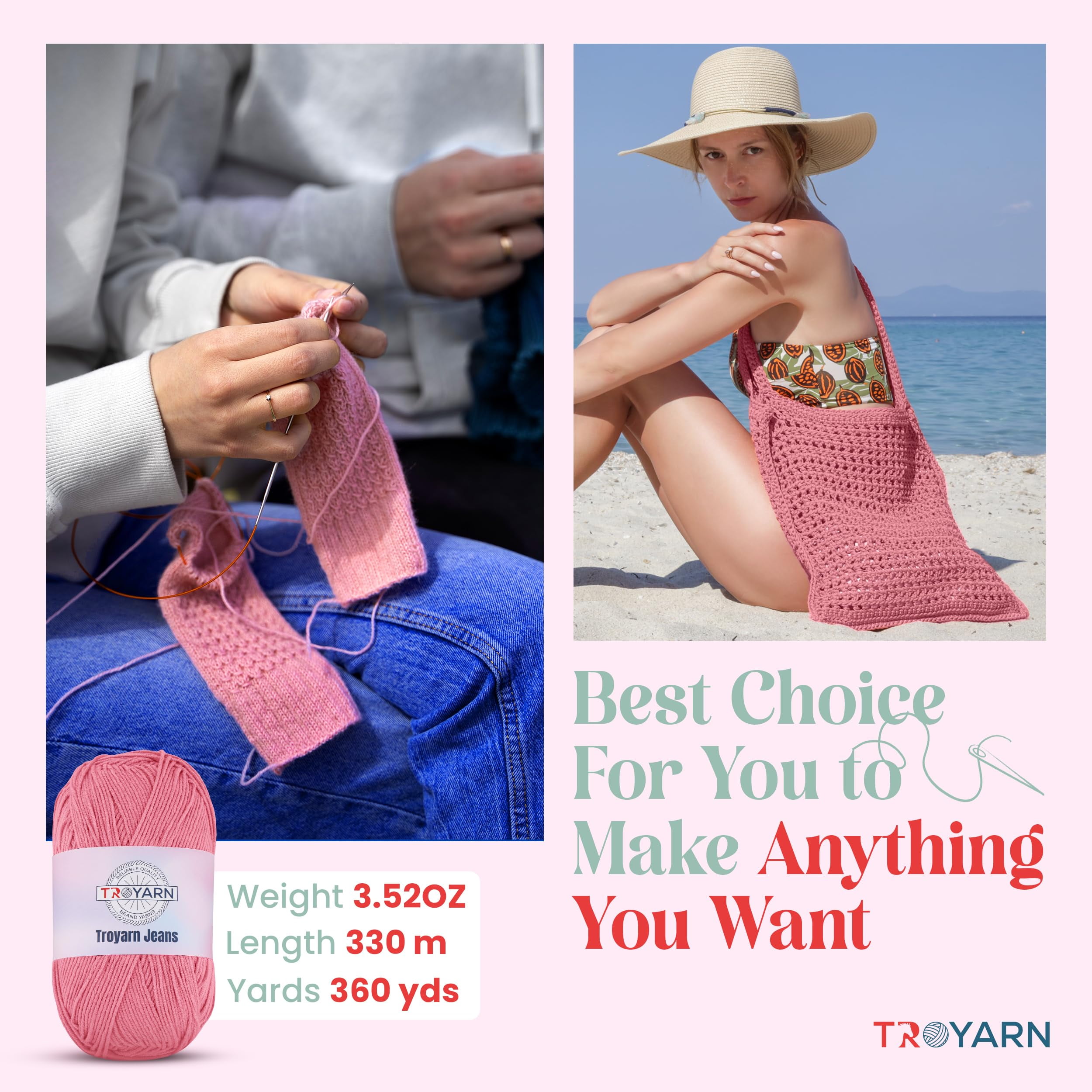 60% Cotton 40% Acrylic Crochet Yarn - 3 Skien Bulk Yarn - Pink, Soft Fine/Sport Yarn for Crocheting/Knitting Yarn - Ideal for Amigurumi Dolls and Baby Garments