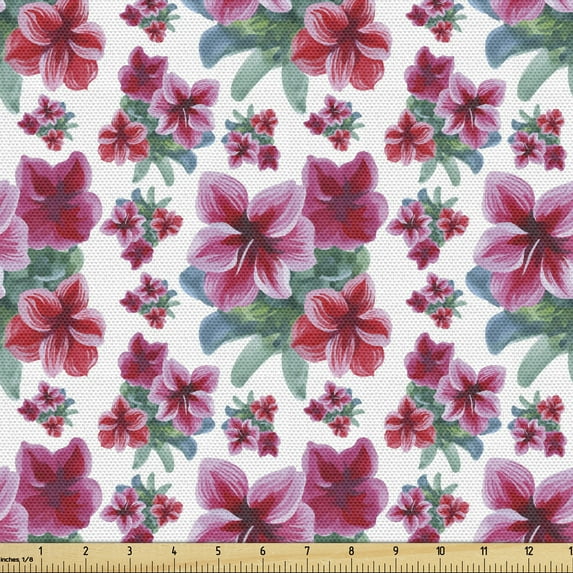 Floral Fabric by the Yard, Repetitive Watercolor Style Hibiscus Flowers Bouquet Arrangements, Decorative Upholstery Fabric for Chairs & Home Accents, Pale Taupe Dark Magenta by Ambesonne
