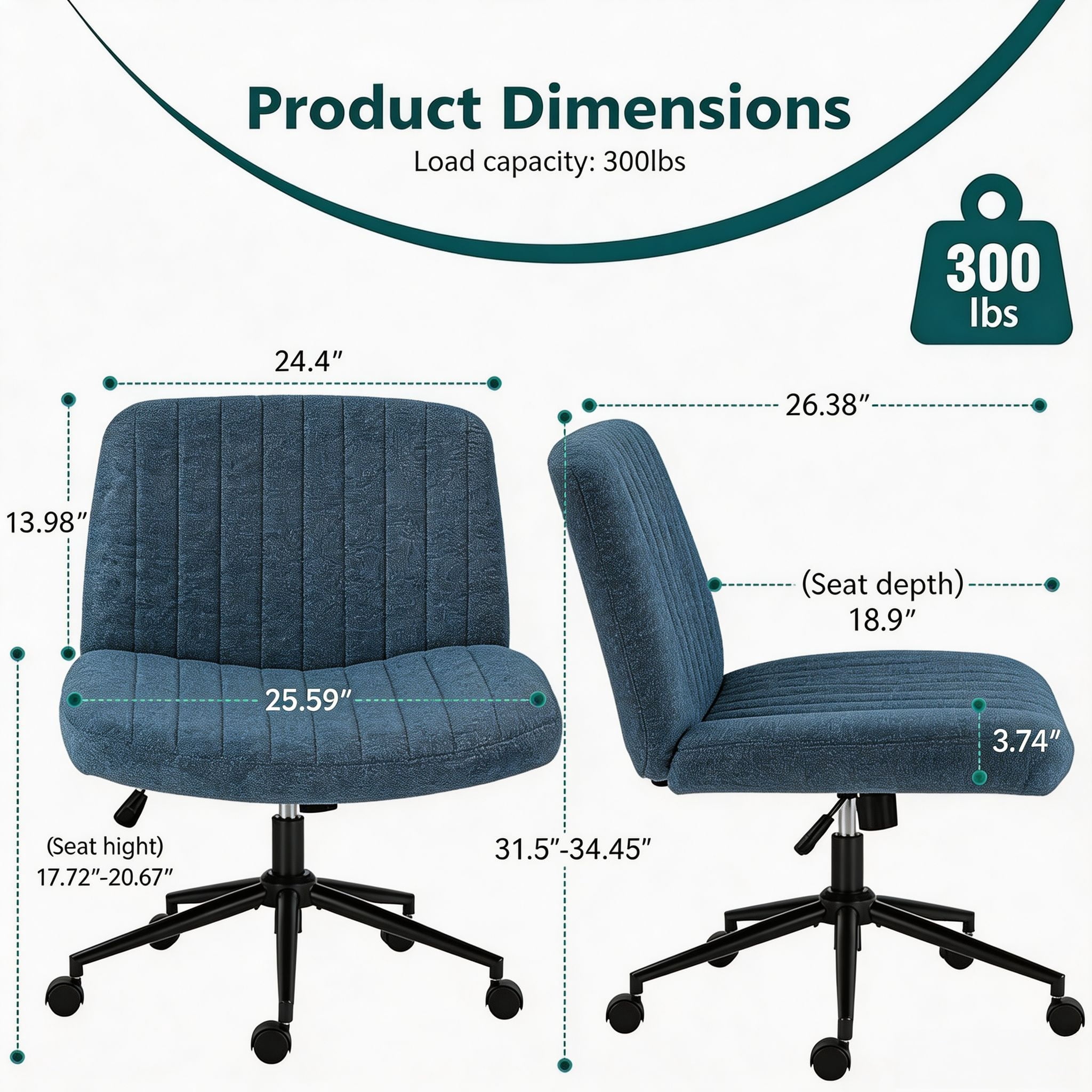 Office Desk and Vanity Chair, Armless Cross-Legged Swivel Task Chair with Wide Fabric Seat, Height Adjustment, and Replaceable Wheels or Fixed Base