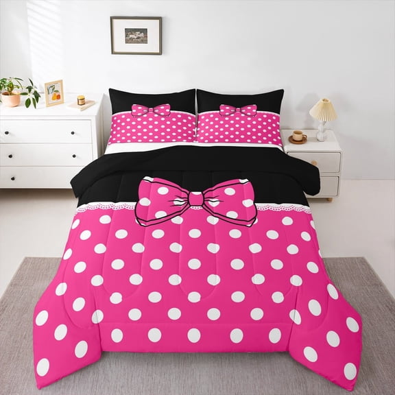 Erosebridal Polka Dot Bedding Twin Comforter Set, Kawaii Bowknot Down Comforter, Princess Style Decor, Reversible 2pcs