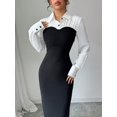 thumbnail image 3 of Black And White Two-Tone Long-Sleeve Midi Dress With Collared Shirt Top And Fitted Black Skirt, 3 of 6