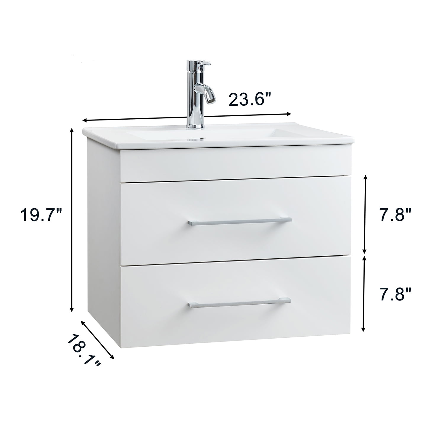 Demi Bonn 24" Wall-Mounted Bathroom Vanity with Ceramic Sink and 2 Soft-Close Drawers, Faucets and Drains Not Included, White