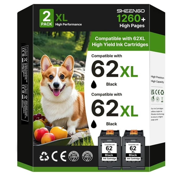 Cartuchos de tinta SHEENGO 62XL negros (paquete de 2) para HP Envy y OfficeJet