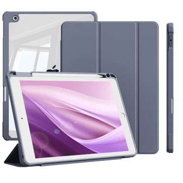 ZKTUYU iPad 9th 8th 7th Generation Case, 10.2 Inch Case (2021/2020/2019) with Pencil Holder, Slim Clear Back with Trifold Stand Cover, Auto Sleep/Wake, Purple