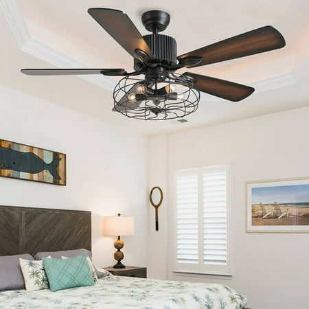 

ES Wind Fan Lamp Chandelier 64W 52Inch Matte Black Wrought Iron Spray Paint 5 Leaves With Remote Control Industrial