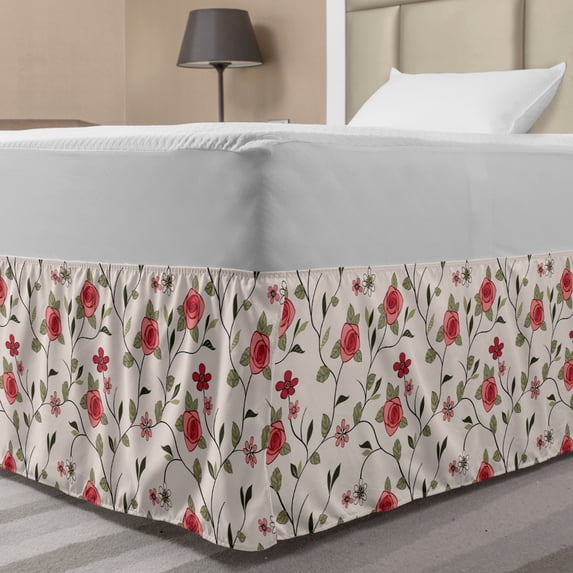 Garden Art Bed Skirt, Artwork of Blooming Roses and Abstract Flowers and Leafy Branches, Elastic Bedskirt Dust Ruffle Wrap Around for Bedding Decor, 4 Sizes, Pearl Coral Sage Green, by Ambesonne