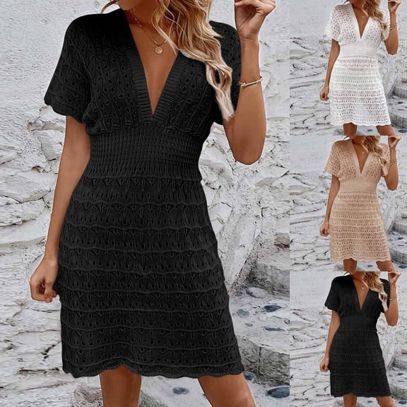 YuXingFu Cocktail Dresses for Women with Sleeves Mini V-Neck Plus Size Womens Dress Short Sleeve Gingham Casual Summer White S