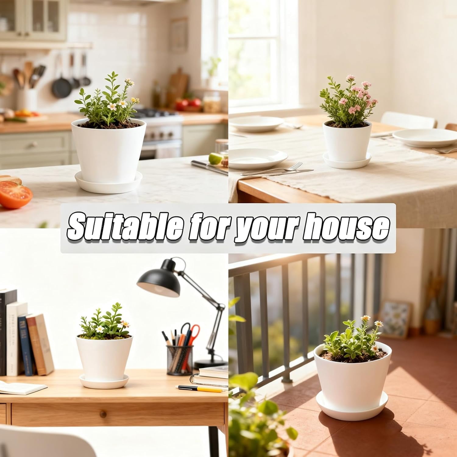 GIXUSIL 8-Pack 4.8 inch Plastic Plant Pots with Saucers, Thickened Nursery Pots with Drainage Holes for Indoor Outdoor Plants, Flowers, Succulents, Herbs, White