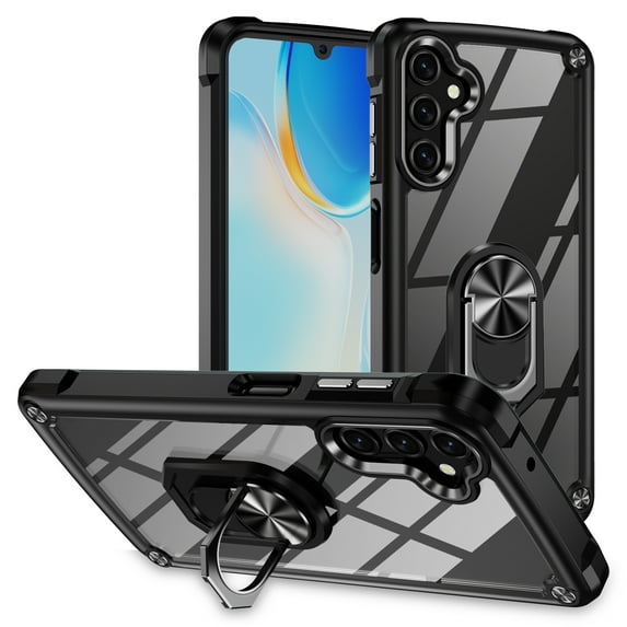 ELEHOLD Rugged Clear Case for Samsung Galaxy A14 5G Hybrid Hard PC Crystal Clear Back+Soft TPU Shockproof Design Slim Lightweight Case with Metal Ring Holder Kickstand for Samsung A14 5G,Black