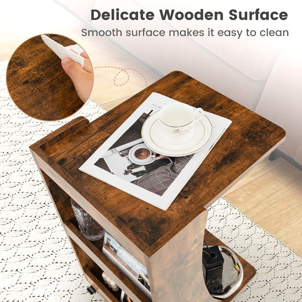 Finihen End Table, C-shaped Rolling End Side with Back Storage Shelves beside Sofa, Sofa Side Table, Bed Side Table, for Living Room, Bedroom, Rustic Brown Finihen End Table, C-shaped Rolling End Side with Back Storage Shelves beside Sofa, Sofa Side Table, Bed Side Table, for Living Room, Bedroom, Rustic Brown