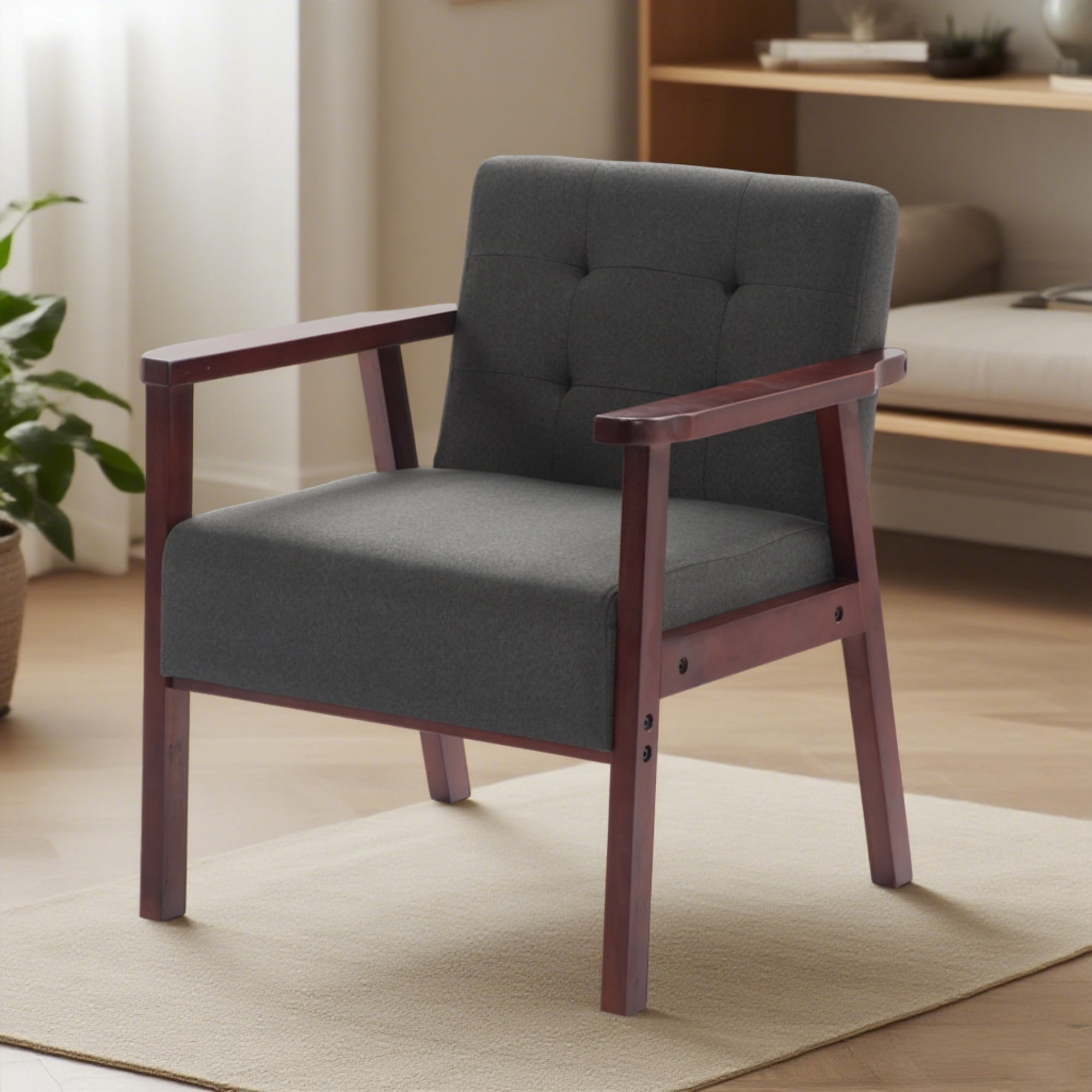 Gewnee Dark Gray Linen Wood Frame Accent Armchair, Sturdy Cedar Legs, High-Density Foam Seat, Non-Slip Pads, for Living Room Bedroom Office