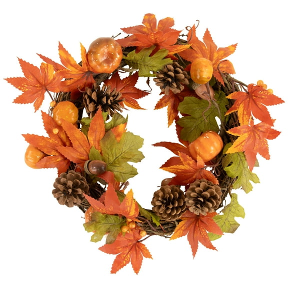 Northlight Maple Leaves with Pine Cones and Pumpkins Small Fall Harvest Artificial Wreath - 12"