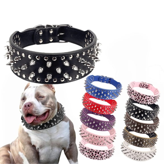 Spiked Dog Collar PU Leather 2 Inch Wide Adjustable for Small Medium Large Dogs