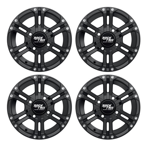 RockTrix RT101 4pc 12in ATV Wheels 4x110 Rims, 12x7, 5 2 Offset, For ATV UTV with IRS (Independent Rear Suspension), Compatible with Bombardier Honda Kawasaki Yamaha Suzuki 4/110 (Set of 4)