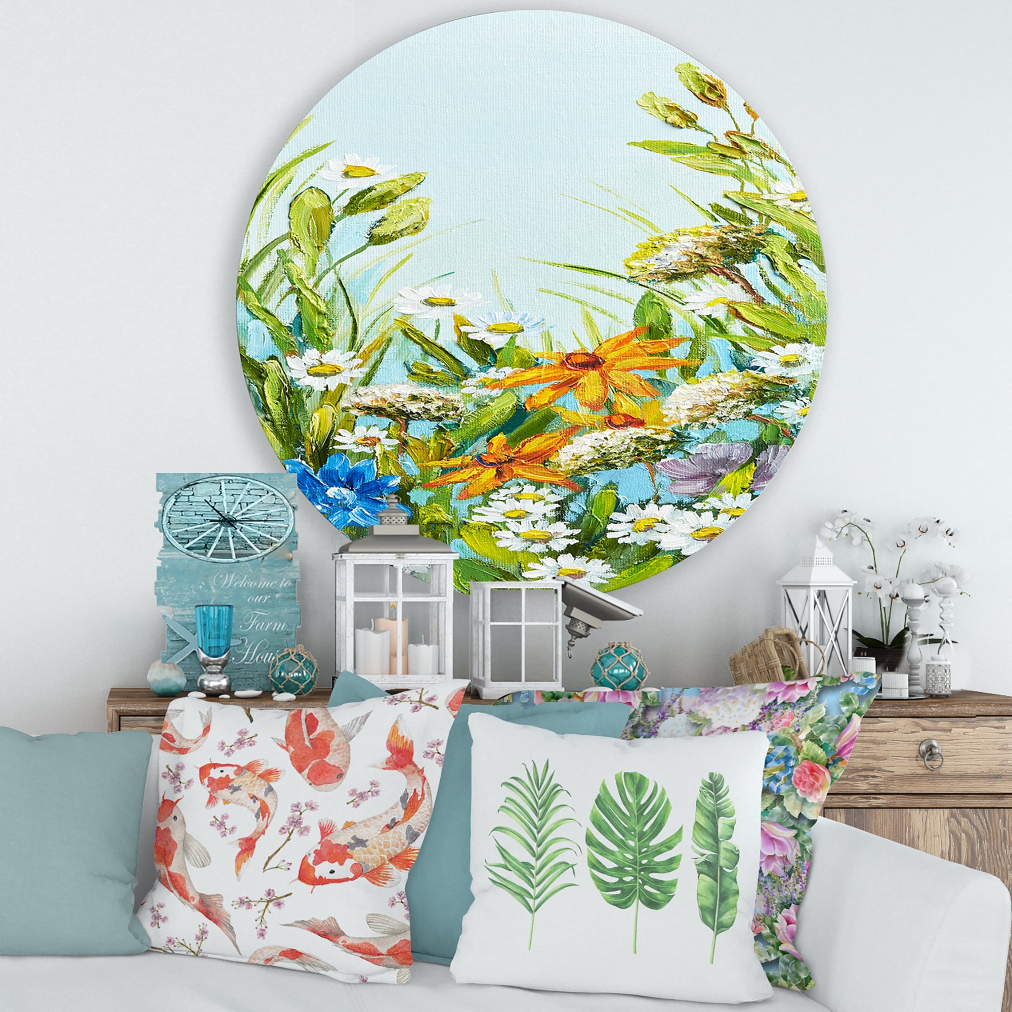 Designart 'Still Life Of Colorful Wildflowers With Leaves II' Traditional Circle Metal Wall Art 29x29 - Disc of 29