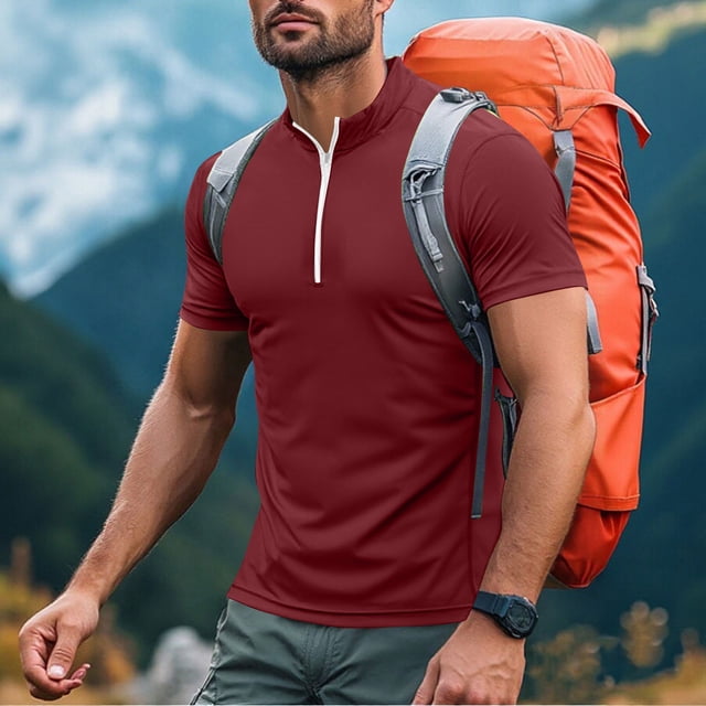 pstuiky Camisa de manga corta para hombre, Camiseta deportiva de verano para hombre, de color liso, ajustada, con cremallera, de manga corta y cuello alto camisas casuales para hombre l
