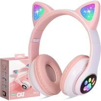 TCJJ Kids Wireless Headphones Cat Ear LED Light up Bluetooth Foldable Headphones over Ear w/Microphone for Online Distant Learning (Pink)