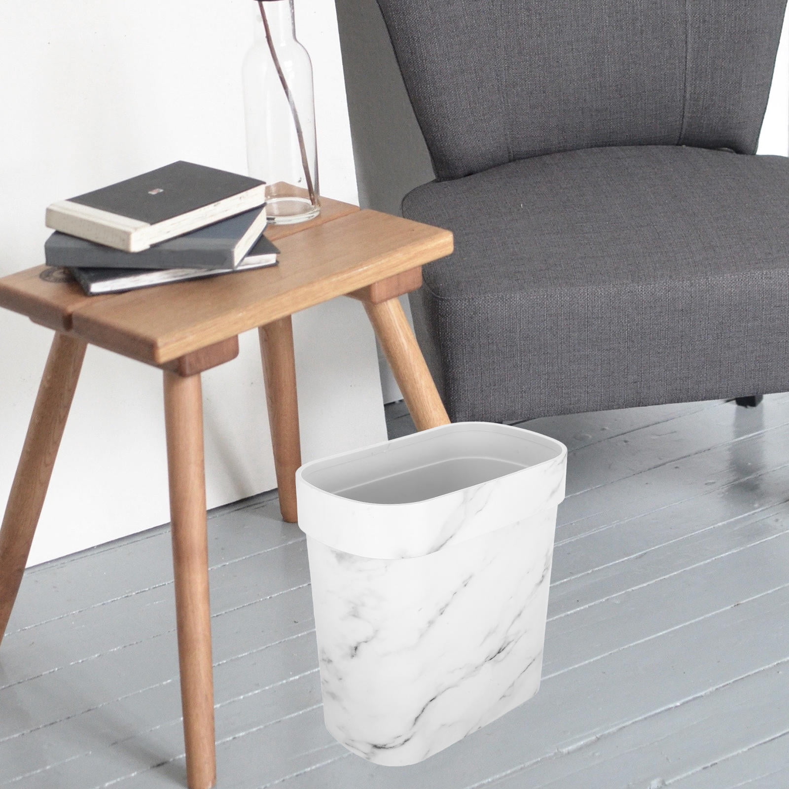 Soimiss White Marble Pattern Oval Plastic Wastebasket Lidless Trash Can for Bathroom and Kitchen