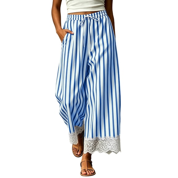 Maean Womens Wide Leg Lounge Pants Striped Lace Hem Elastic Waist Drawstring Cute Fashion Pant with Pockets