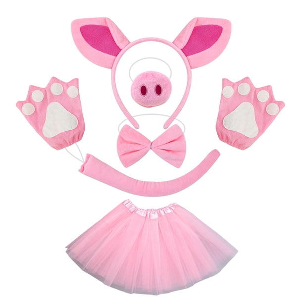 Set de disfraz para niños, diadema de cerdo rosa con falda, 7 piezas