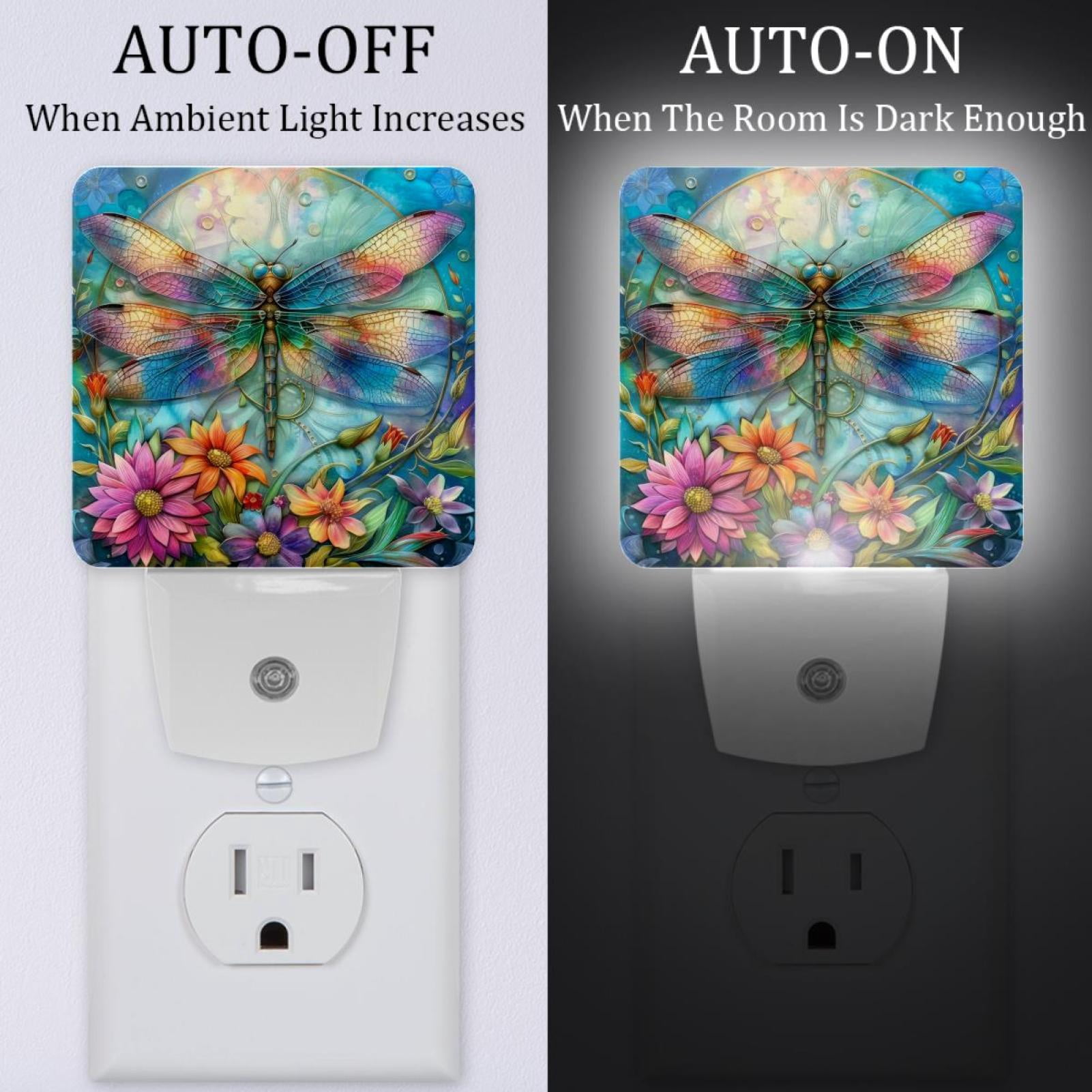 PhooArto Dragonfly and Flower Plug in LED Night Light Auto Sensor Dusk to Dawn Decorative Night for Bedroom, Bathroom, Kitchen, Hallway, Stairs, Baby's Room, Energy Saving