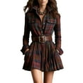 thumbnail image 2 of Women's Casual Dress Long Sleeve Plaid Checked Shirt Style Loose Fit Midi Dress for Spring Fall,Wine,M, 2 of 9