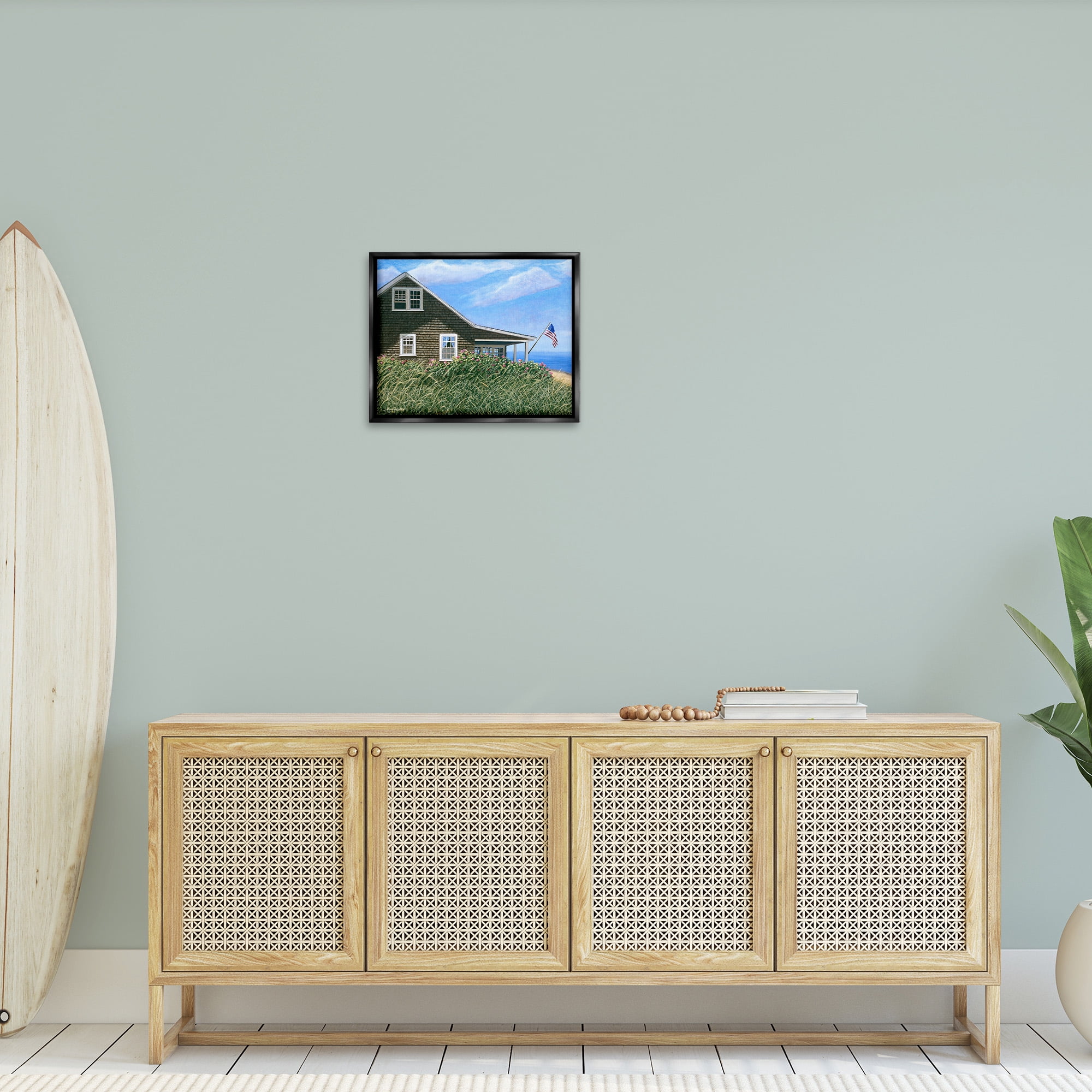 Stupell Industries Cape House with Flag Landscape Painting Black Floater Framed Canvas Art Print Wall Art, 21 x 17